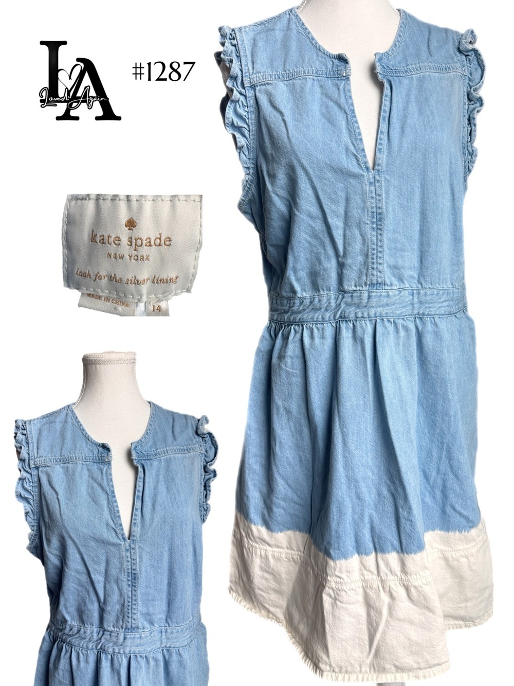 kate spade Light Blue and White Ruffle-Sleeve Denim Dress